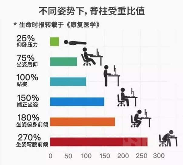 不同姿势下脊柱受压的相对比值（以直立坐姿为基准）